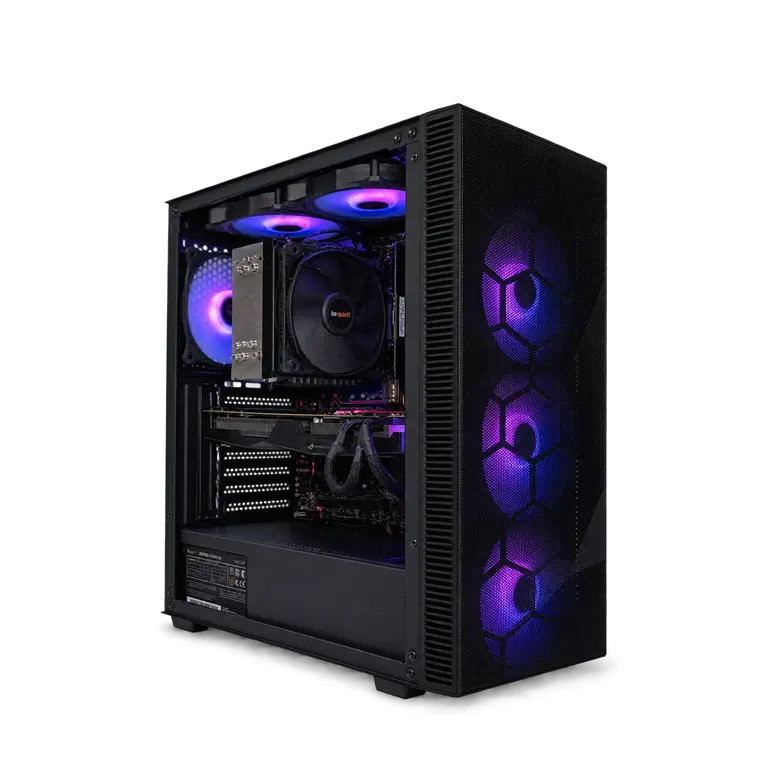 Gaming-PC in schwarzem Mesh-Gehäuse mit violett und blau beleuchteten Lüftern