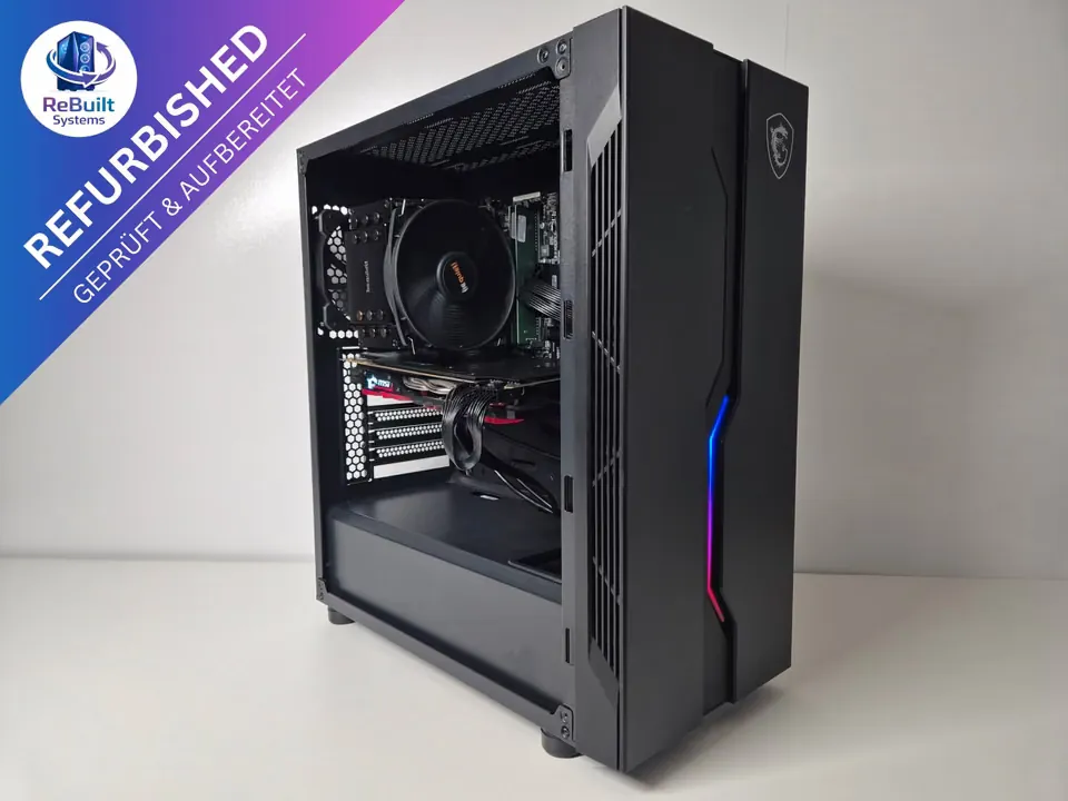 Einsteiger Refurbished Gaming PC | Plug & Play! – Gesamtansicht mit Glasfenster und RGB-Akzent